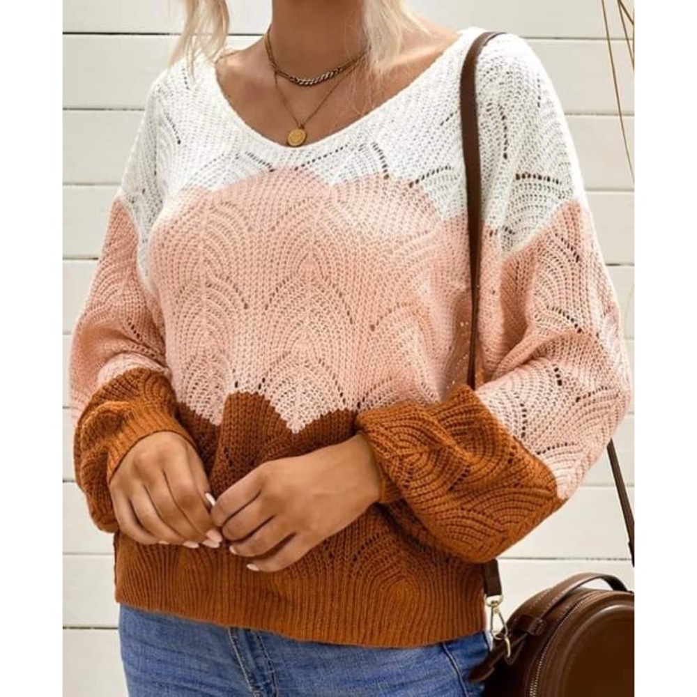 KFab Designs V-Neck Colorblock Sweater in White, Blush, Rust XL NWT